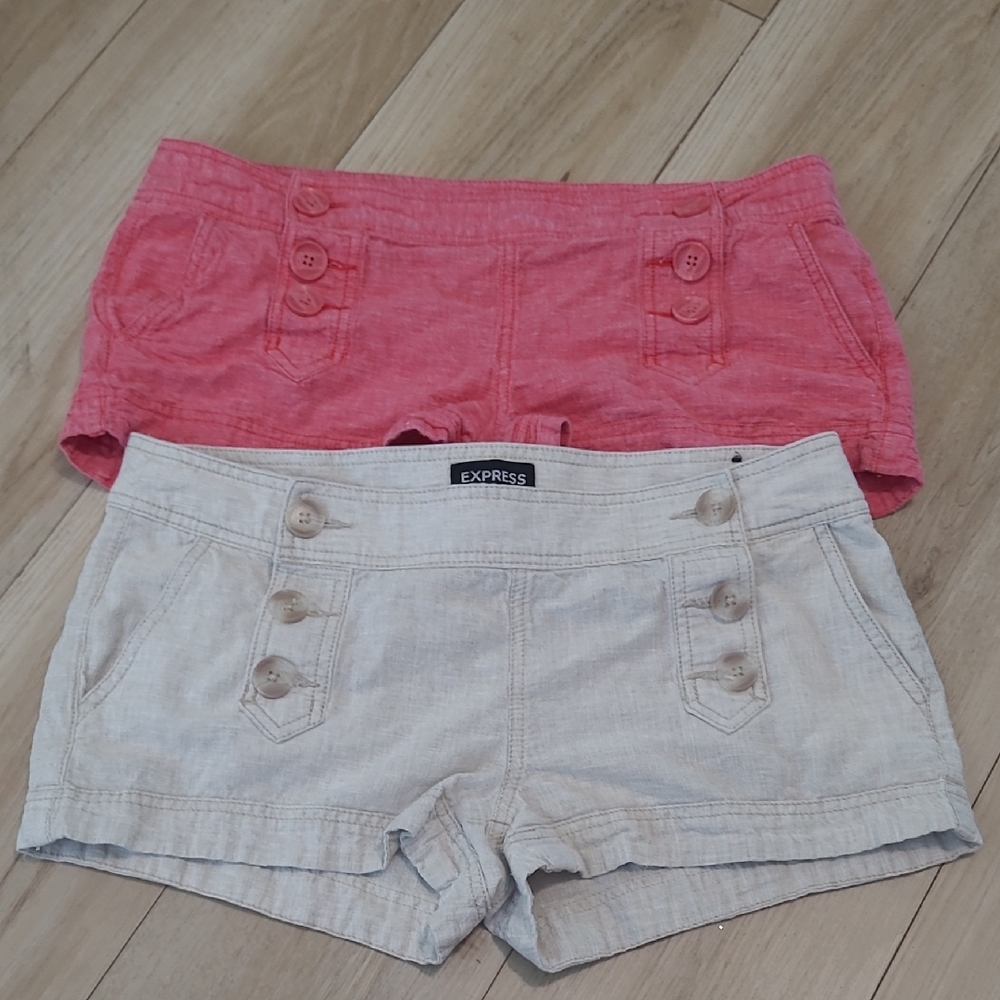 Express Women's Pink and Cream Button-Front Shorts Duo